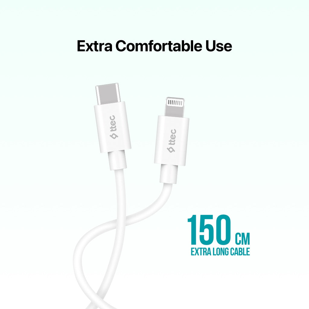 ttec - Lightning Type C Charge / Data Cable , 150cm | White | MFi Apple Licenced