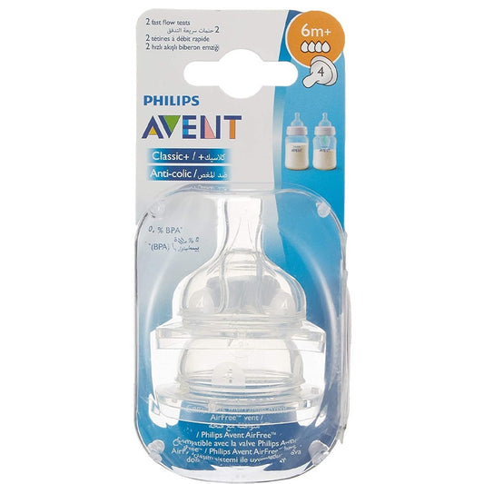 Philips Avent - Classic Nipple Teats | Fast Flow 6m+ | 4 Holes | 2 Pack