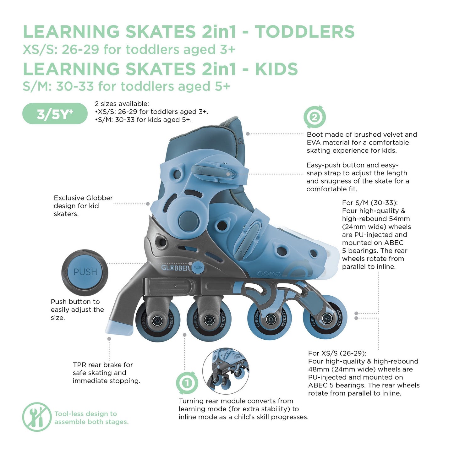 Globber | Learning Inline Skates 2in1 | Ash Blue | 30-33