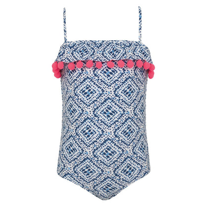 Sunuva - Girls Blue Shibori Pom Pom Frill Swimsuit