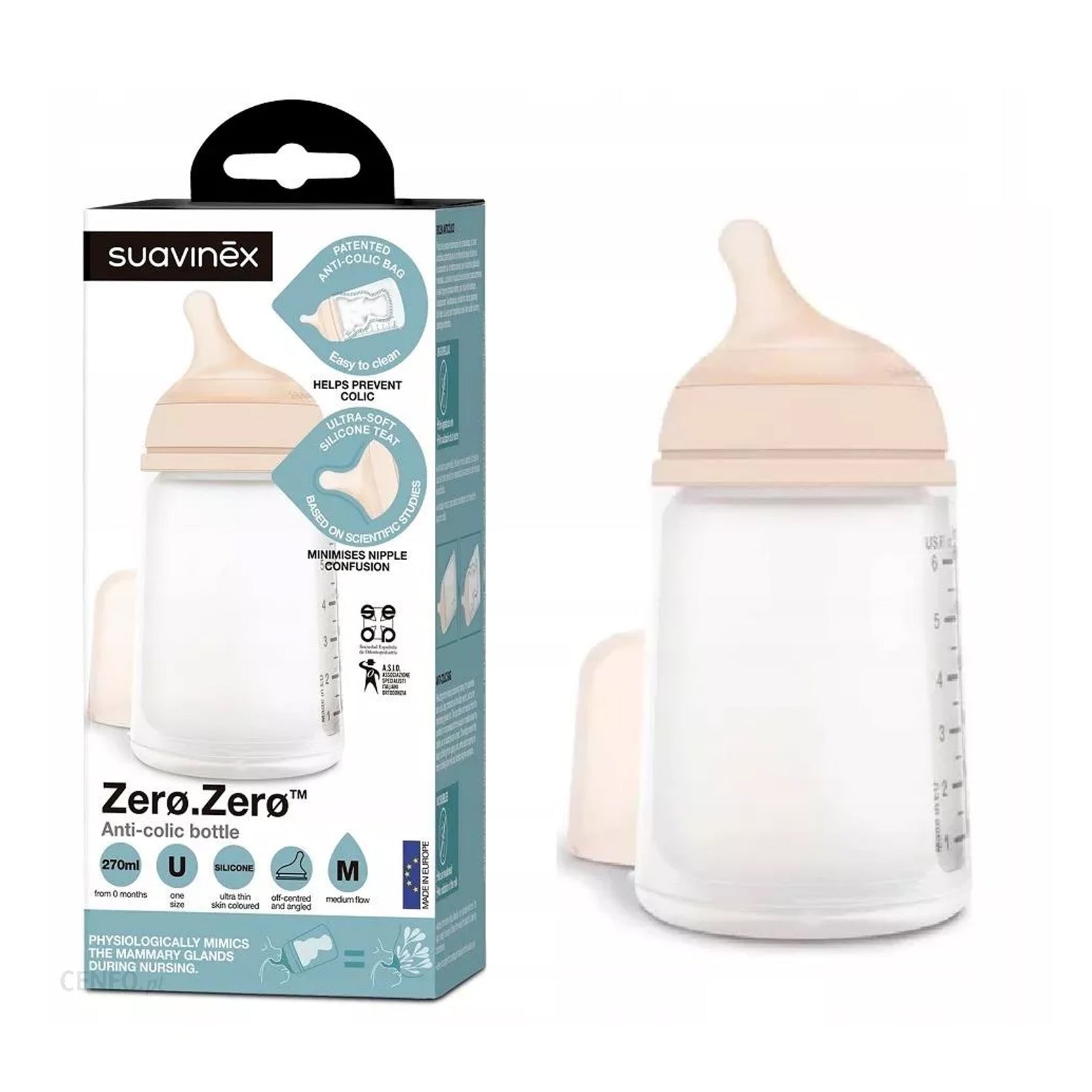 Suavinex Zero Zero 270ml Milk feeding bottle + Teat M + Silicone pouch pack  270ml - Easypara